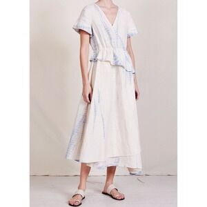 Apiece Apart Cabo Tie Dye Wrap Midi Dress Cream Blue Organic Cotton Linen XS